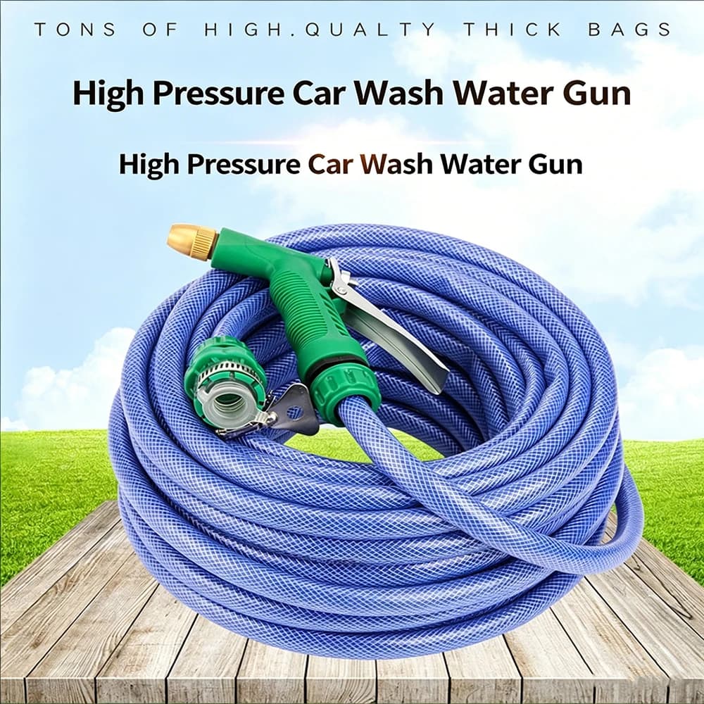 Mangueira de jardim azul com conector universal e pistola de água verde