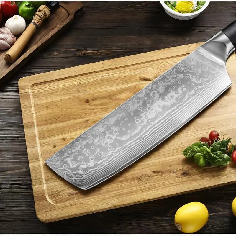 Faca Nakiri 7 polegadas em aço damasco VG10 67 camadas com cabo G10 prata sobre tábua de madeira