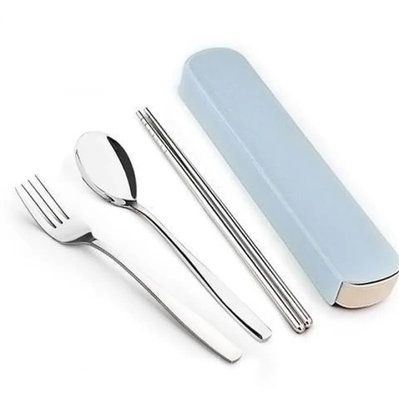 Conjunto de talheres de aço inoxidável com 4 peças e caixa de armazenamento azul