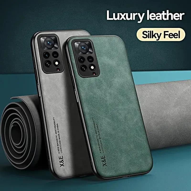 Capas para Xiaomi Poco em couro sintético cinza e verde com textura luxuosa e acabamento sedoso