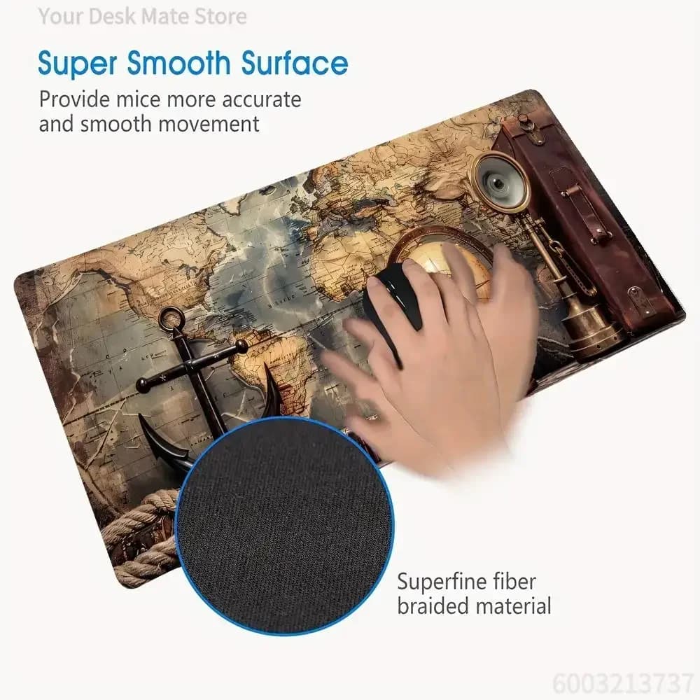 Superfície lisa do tapete de rato gamer marrom com mapa-múndi náutico para movimento preciso do mouse
