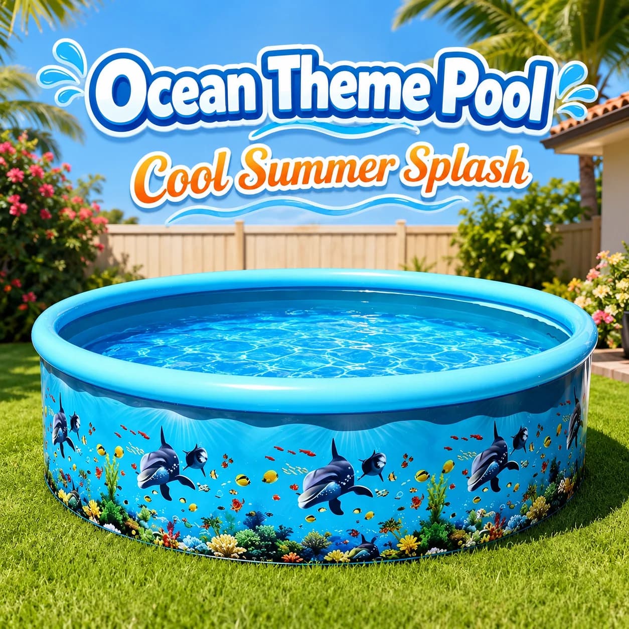 Piscina inflável azul com desenho de golfinhos