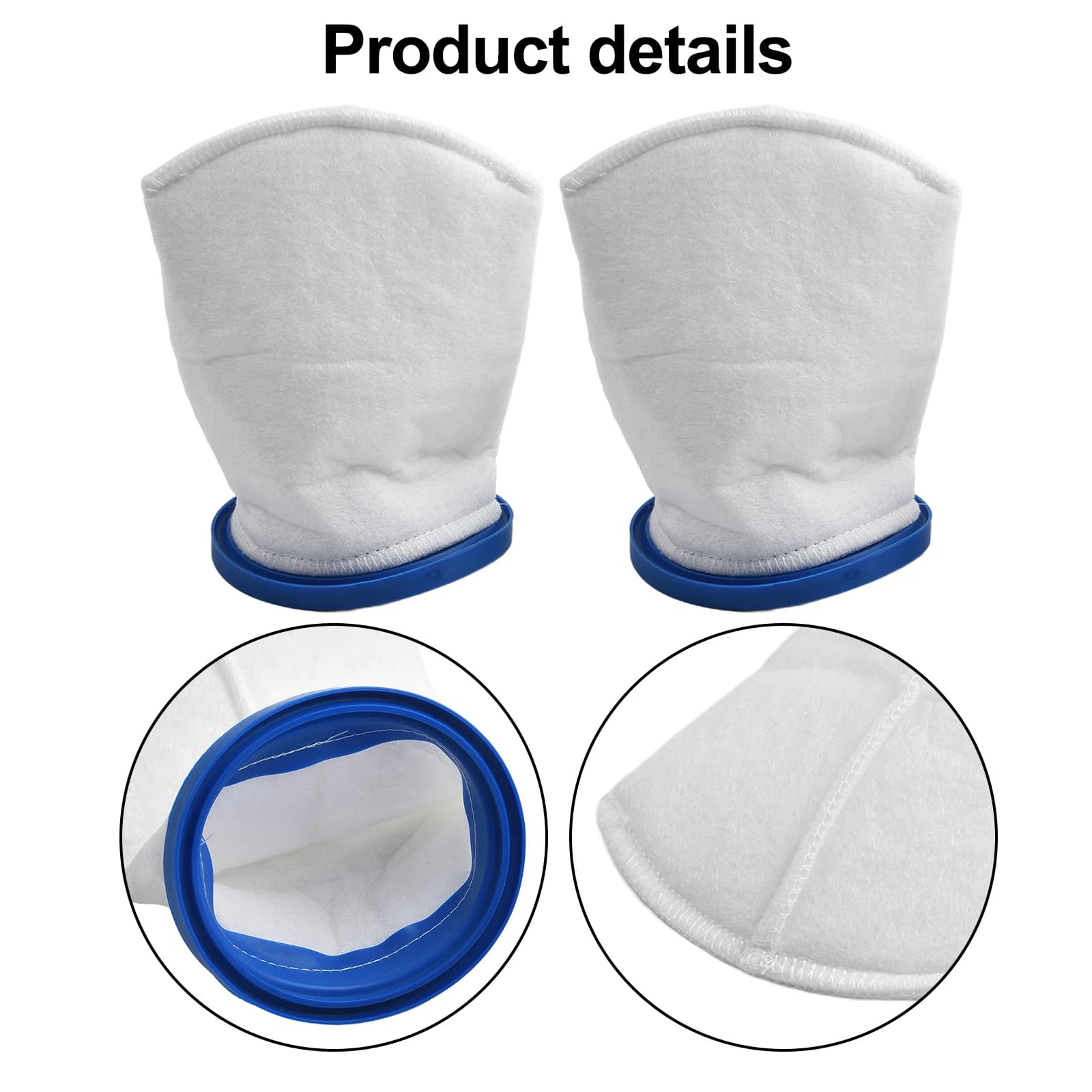 Sacos de filtro branco com borda azul para aspirador de piscina, kit 2 peças, detalhes do material