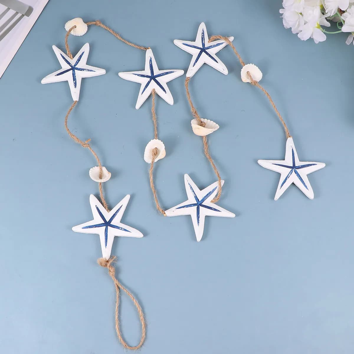 1 peça de ornamento de madeira em forma de estrela do mar, decoração de parede branca para sala de estar, decoração de casa, pingente de concha do mar, decoração costeira.