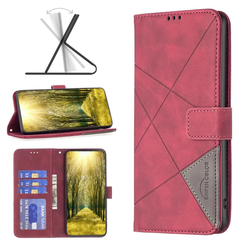 Capa carteira para celular Xiaomi Poco F5 Pro em couro sintético vermelho com suporte e bolsos para cartões