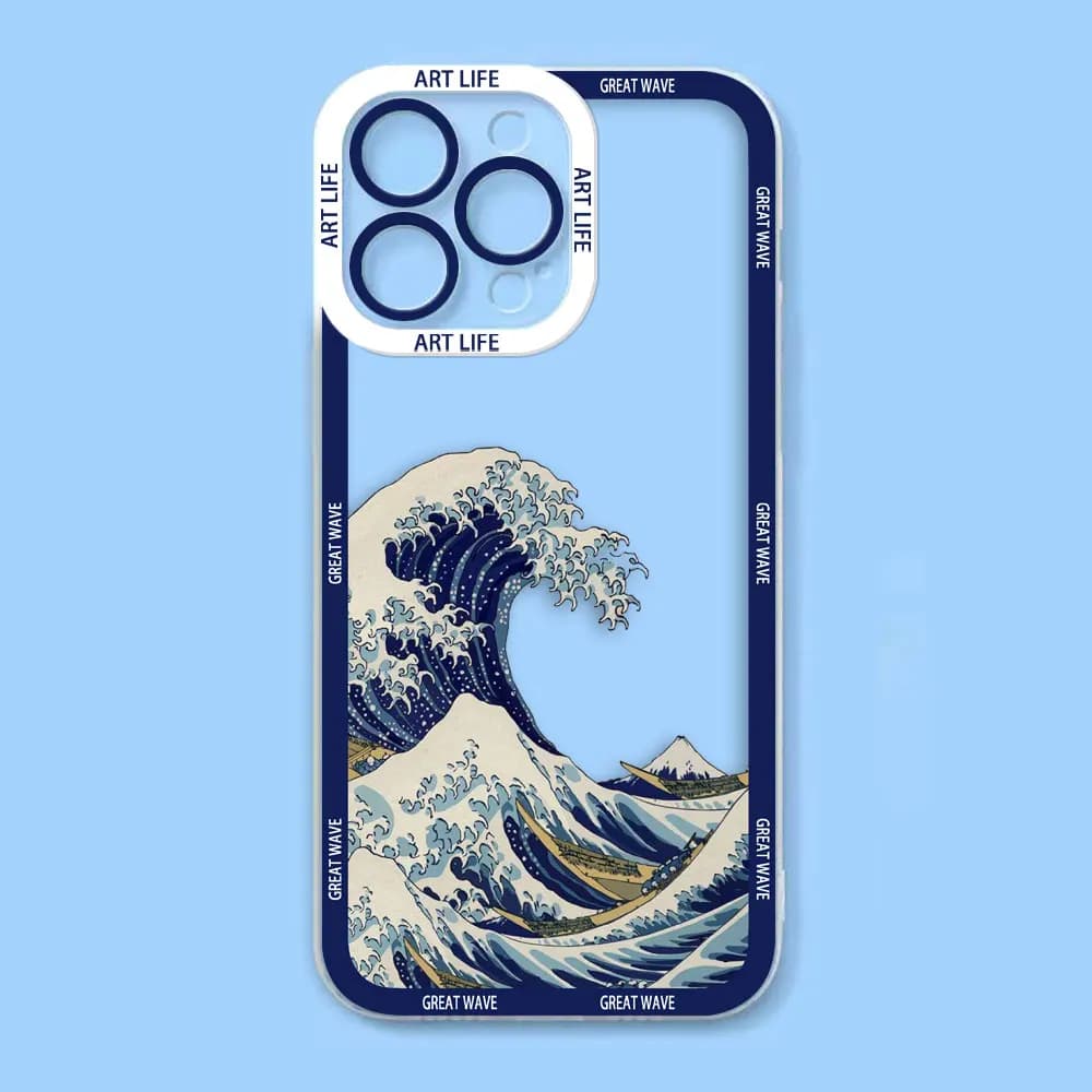 Capa para Xiaomi Redmi Note com estampa artística The Great Wave K-Kanagawa azul e branca em fundo azul