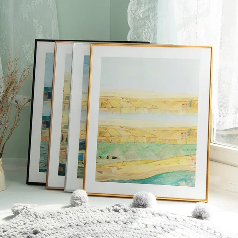 Quadros de pintura nórdica minimalista com paisagens, molduras douradas, decoração de parede