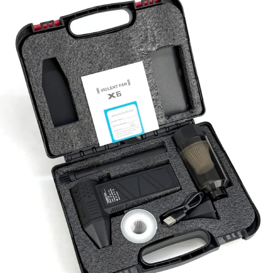 Secador de cabelo turbo ventilador X6, modelo XS, com entrada DC 5V-2A e capacidade de 400mAh, feito na China, com acessórios.