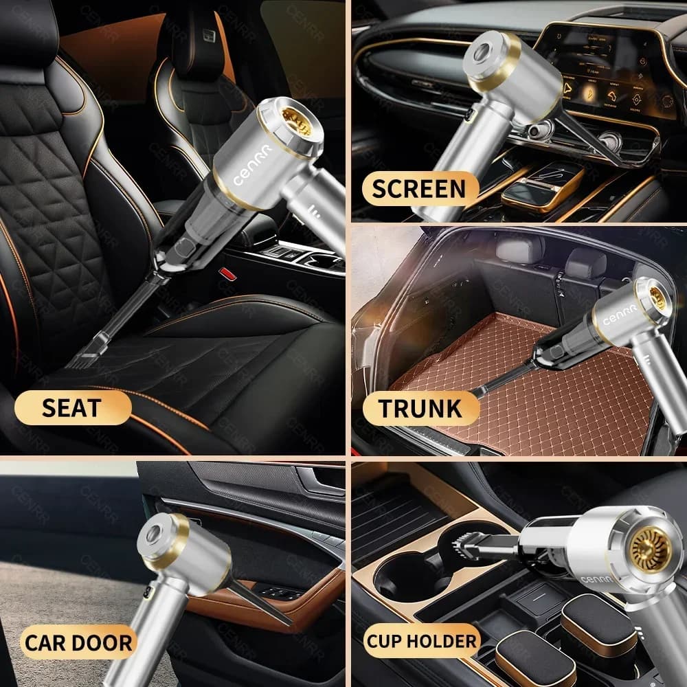 Aspirador portátil CENRR em uso para limpeza interna de carro em assento, porta, porta-copos e porta-malas