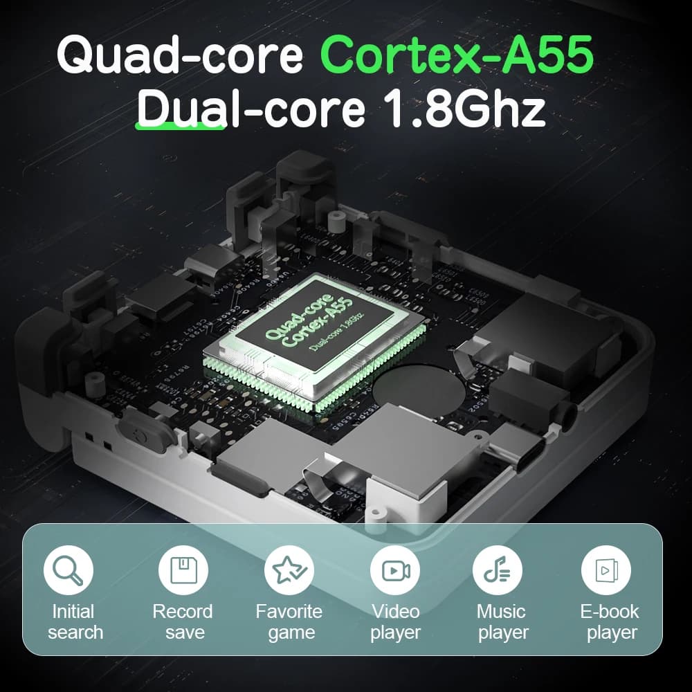 Processador quad-core Cortex-A55 1.8GHz do console portátil Miyoo Flip V2 com funções multimídia