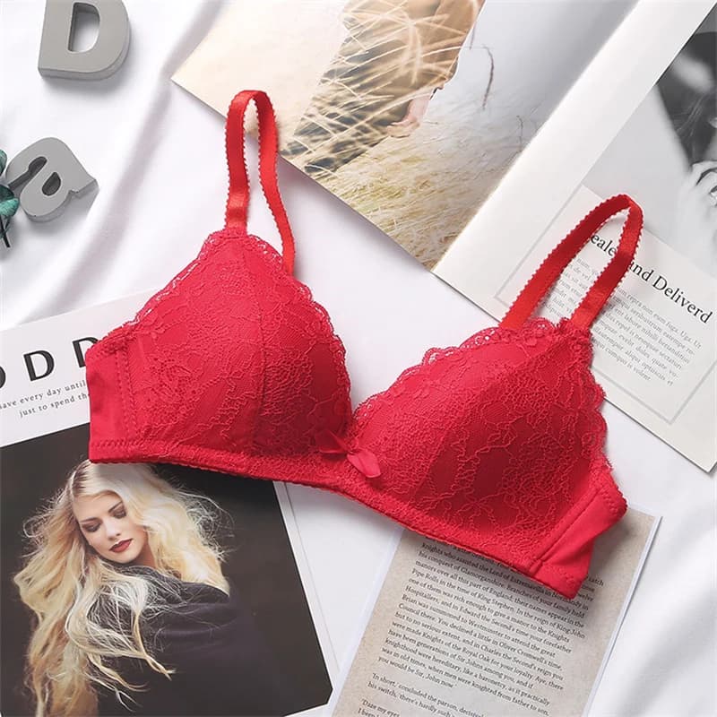 Sutiã feminino push up vermelho com renda e laço frontal, design 3/4 cobertura