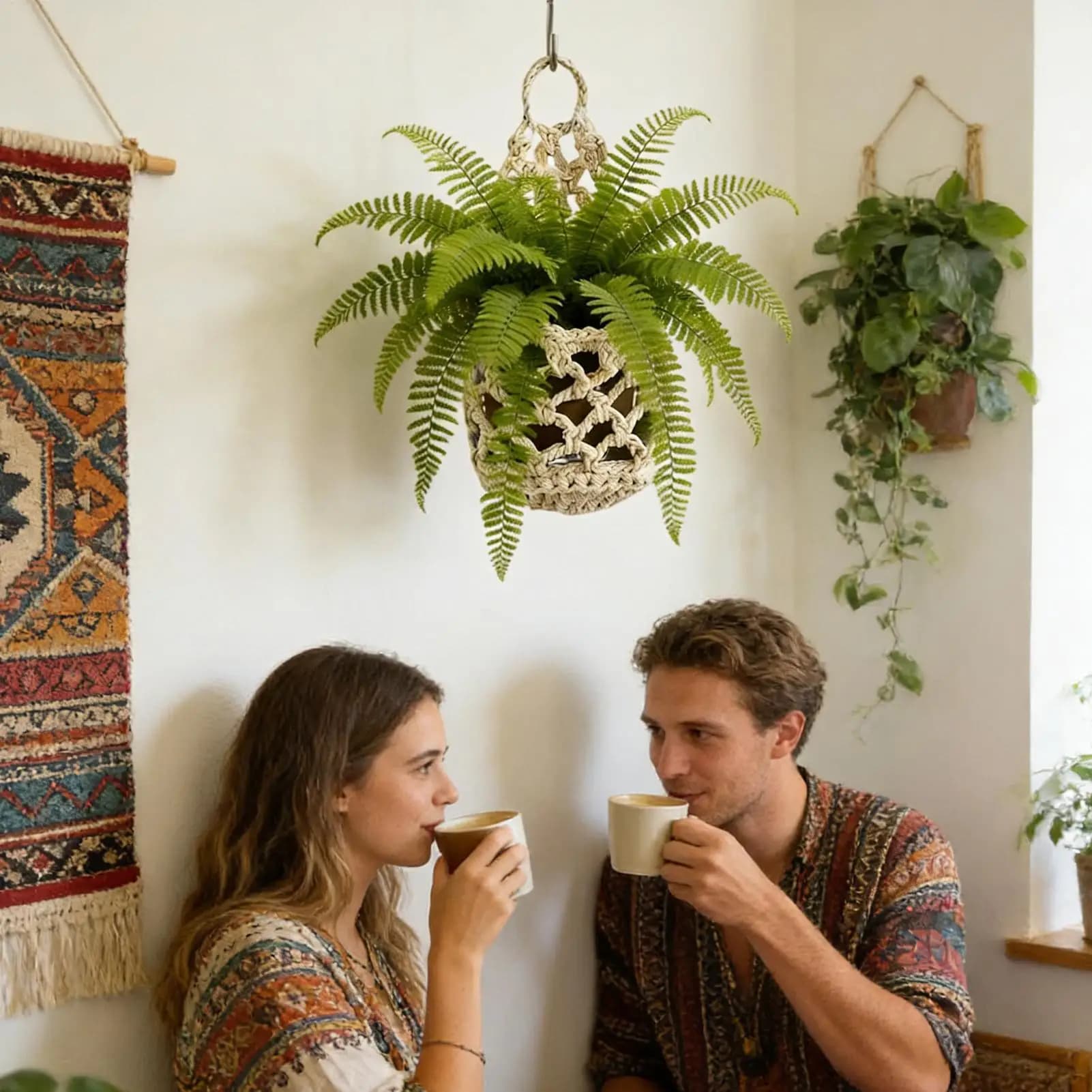 Suporte de macramê para plantas em algodão cor natural com samambaia, decoração boho em sala