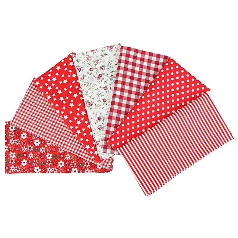 Tecido algodão para patchwork quilting vermelho com estampas florais, listras e poás kit 7 peças