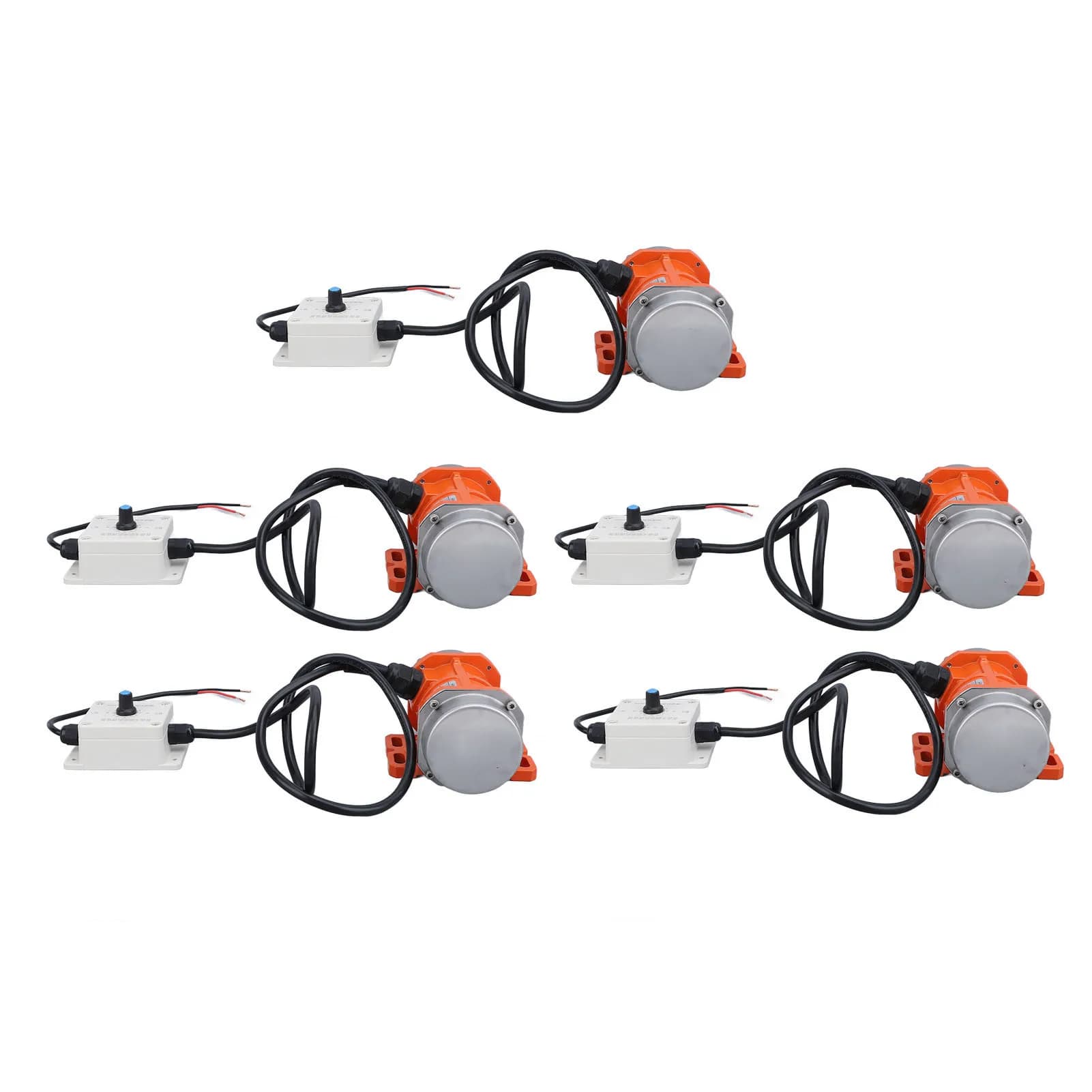 Motores vibratórios elétricos laranja e cinza com controladores de velocidade brancos
