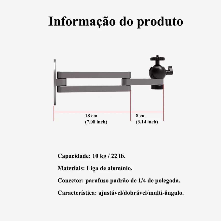 Dimensões e características do suporte de parede para projetor em liga de alumínio ajustável e dobrável