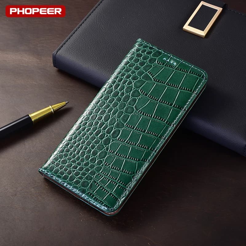 Capa de telefone em couro genuíno com textura de crocodilo verde esmeralda