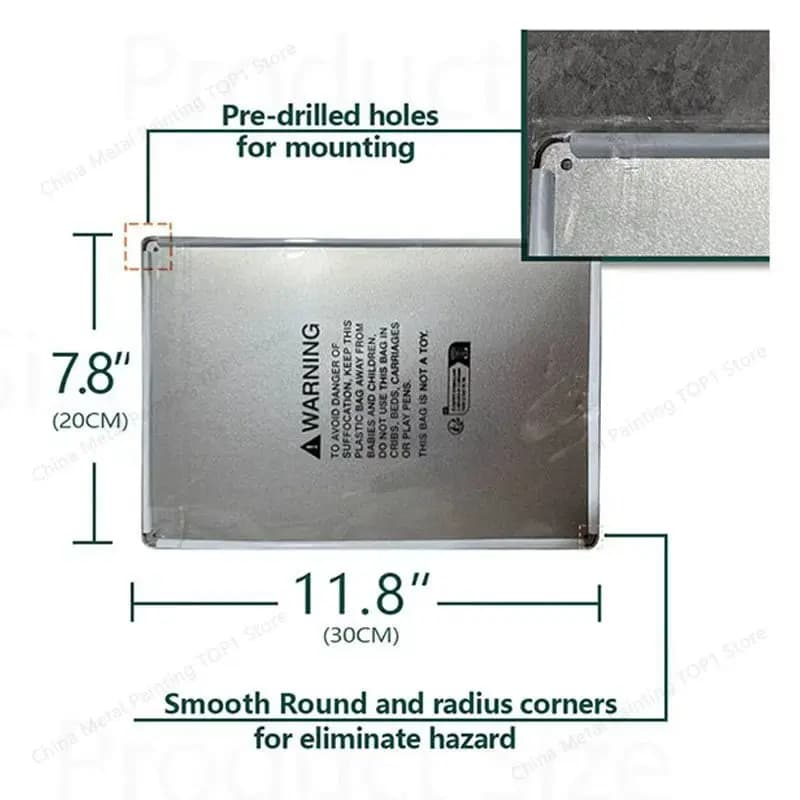 Placa de metal decorativa vintage com furos pré-perfurados e cantos arredondados para montagem segura