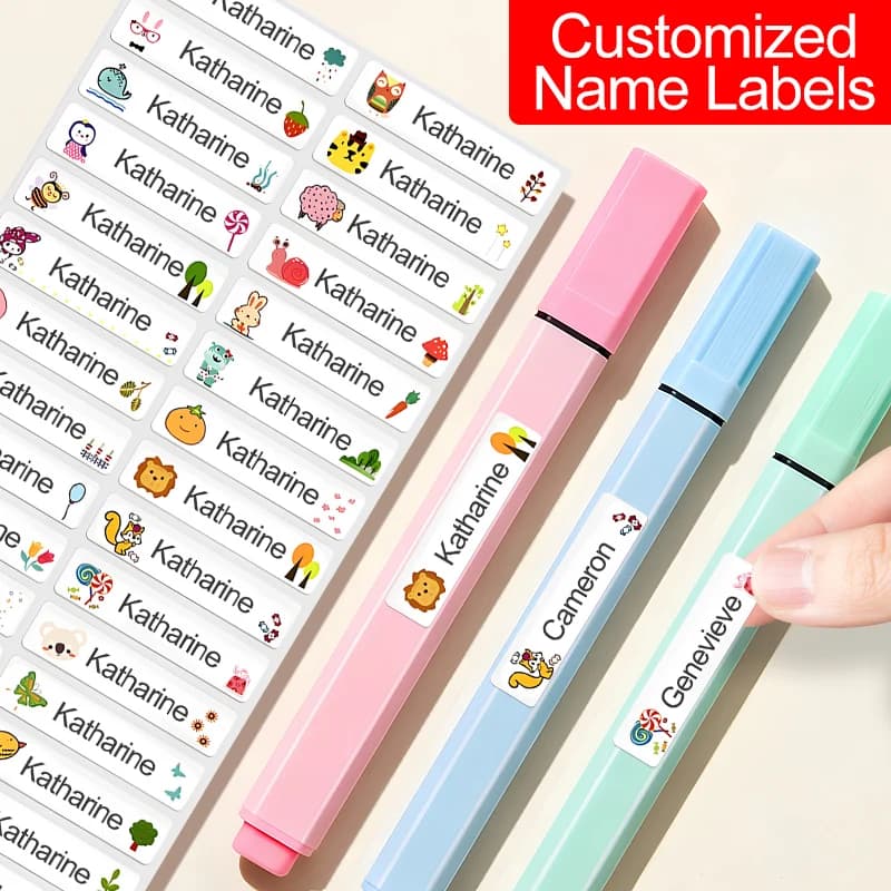 Adesivos com nome à prova d'água personalizados, personalizados para crianças, papelaria e utensílios para bebidas – Etiquetas duráveis removíveis para garrafas, copos