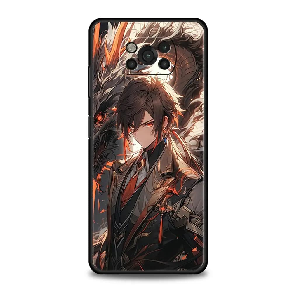 Capas de telefone Genshin Impact com personagens como Zhongli e outros em poses detalhadas
