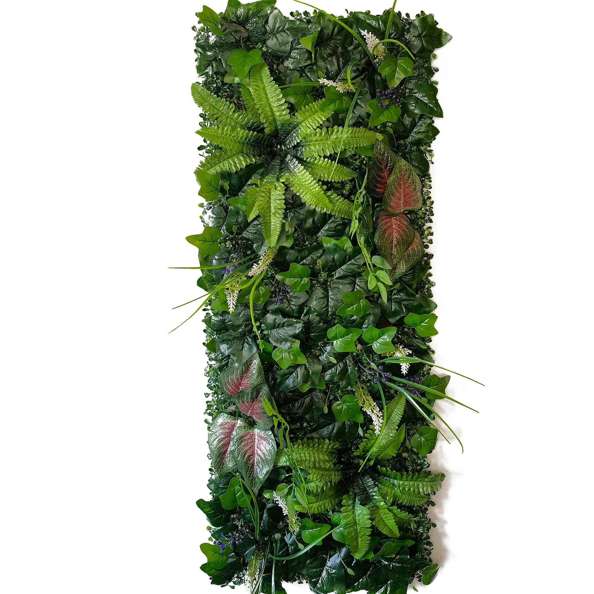 Painel de planta artificial Jácotei com folhagens verdes escuras e detalhes em vermelho 40x120 cm