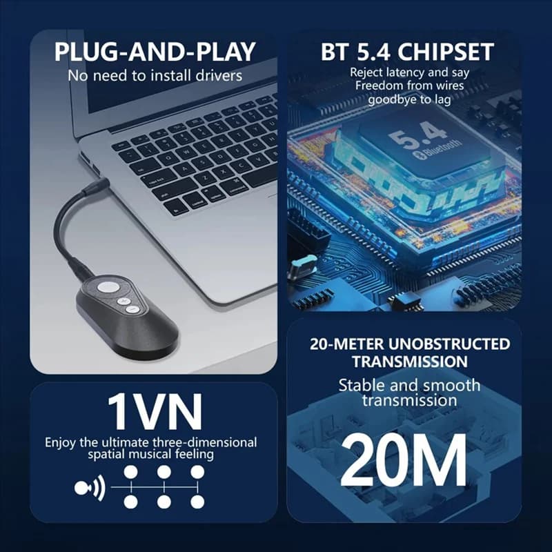 Receptor transmissor de áudio bluetooth v5.4 com conector 3.5mm conectado a um laptop
