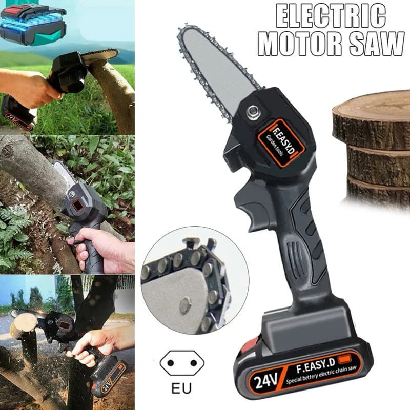 Mini Motosserra Elétrica de 4 Polegadas Recarregável Bivolt para Poda e Jardinagem com Som de Bateria