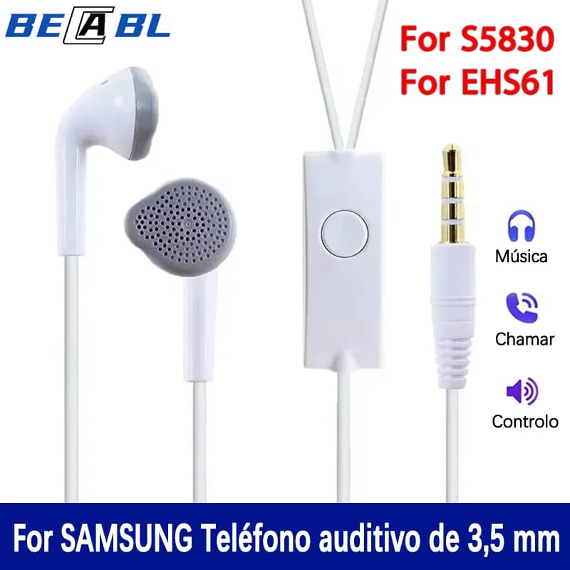 Fone de ouvido branco com fio para Samsung S5830 e EHS61, conector de 3,5 mm, microfone e botões de controle.