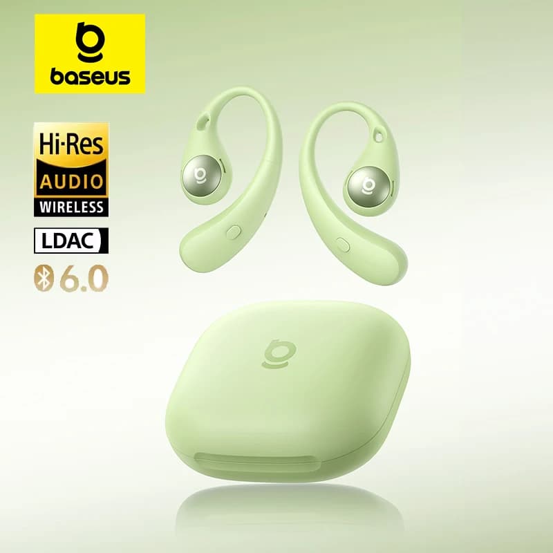 Fones de ouvido sem fio verdes Baseus Eli Sport 2 com estojo de carregamento e controles tácteis.