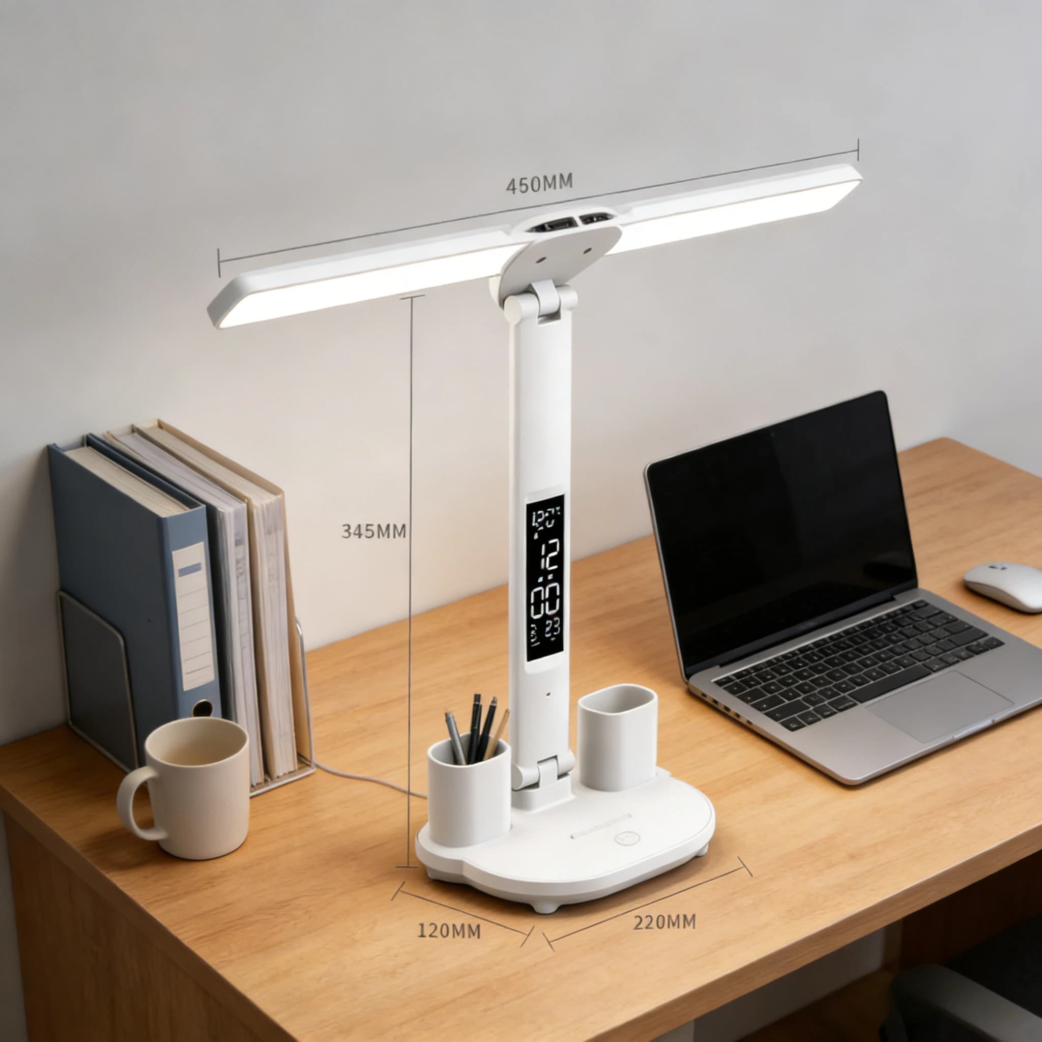 Luminária de mesa LED branca com calendário e relógio, carregável por USB, dobrável