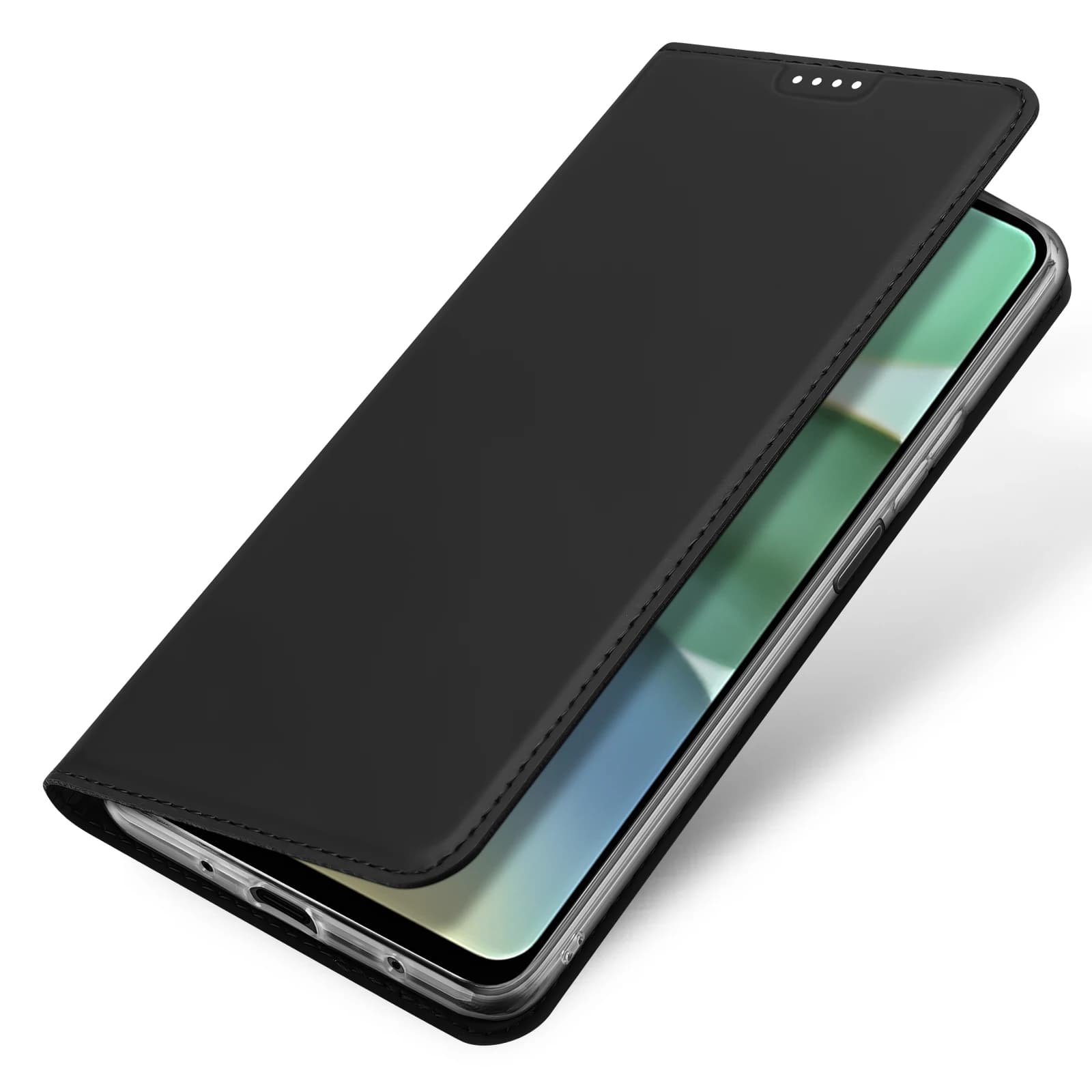 Capa de couro preta para Xiaomi Poco C71 4G com proteção frontal e bordas costuradas