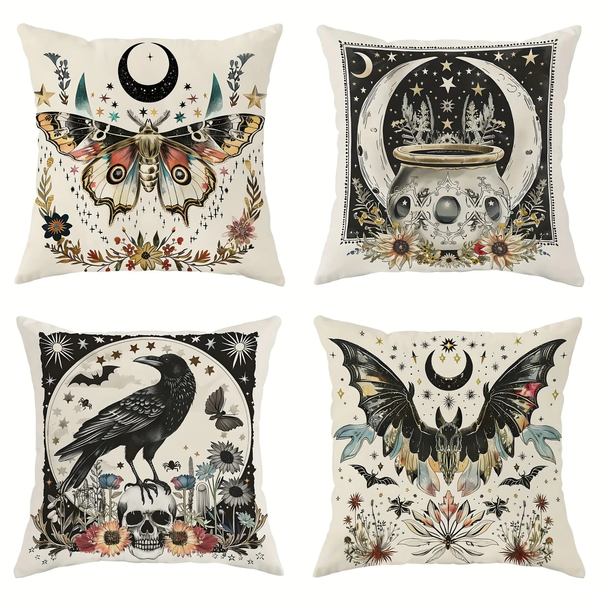 Capa de almofada decorativa mística noturna com mariposa, caldeirão, lua e elementos de Halloween
