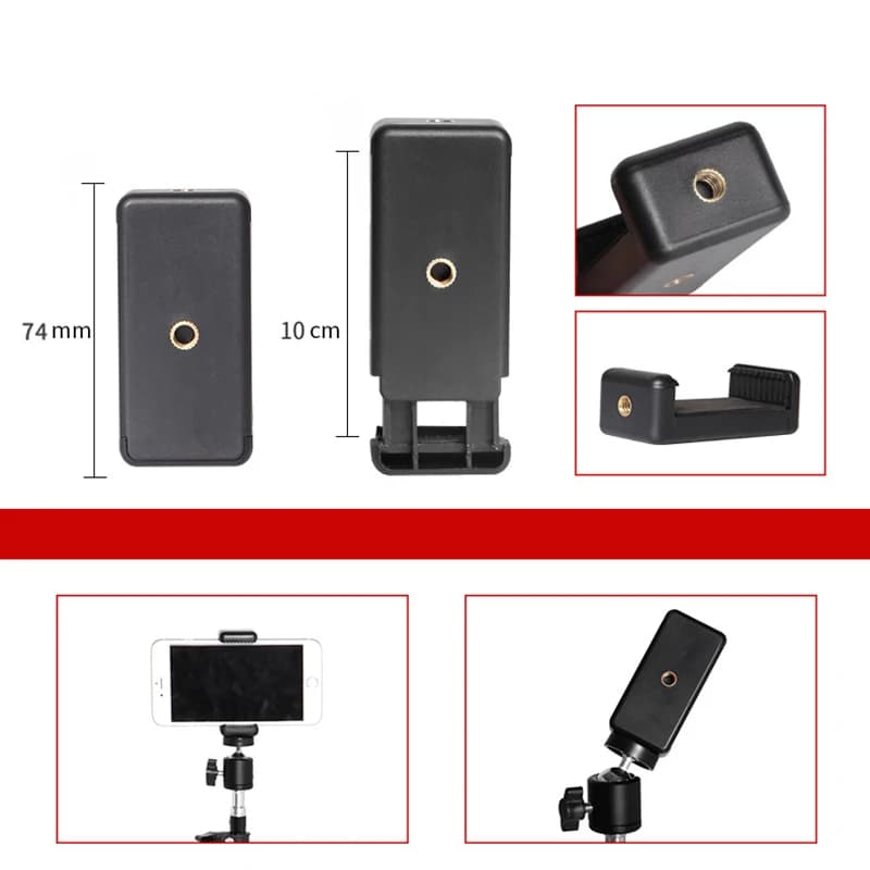 Suporte para celular universal preto com medidas detalhadas e uso em tripé, suporte ajustável para smartphone