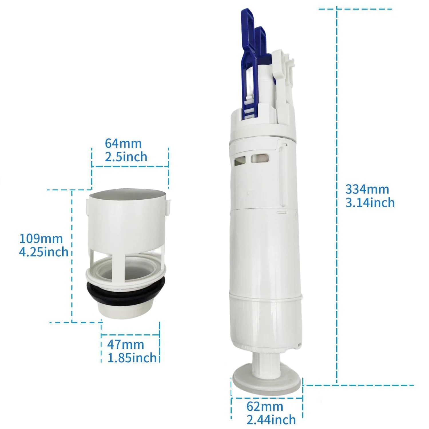 Dimensões da válvula de descarga dupla branca para vaso sanitário com medidas em milímetros e polegadas