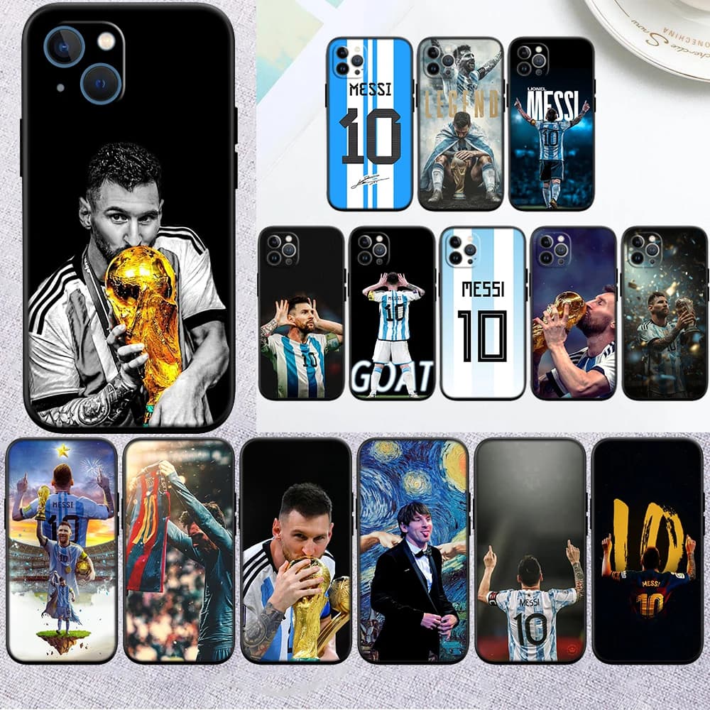 Capas para Xiaomi Poco com imagens de Messi segurando a taça, design artístico em preto e azul