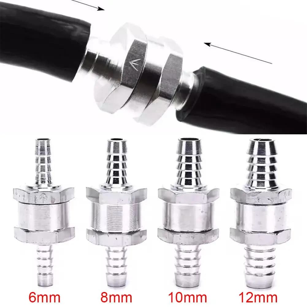 Válvula de retenção Jácotei em alumínio prateado com tamanhos 6mm, 8mm, 10mm e 12mm para combustível