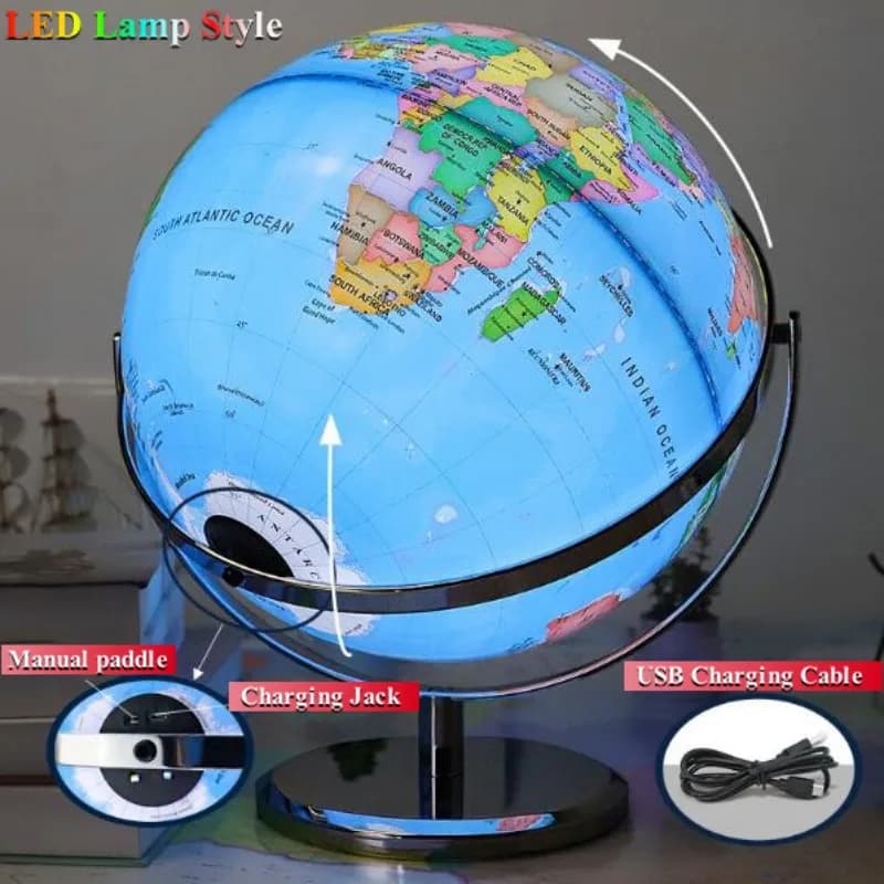 Globo terrestre azul com LED, rotação 360°, base preta metálica, cabo USB e entrada para carregamento