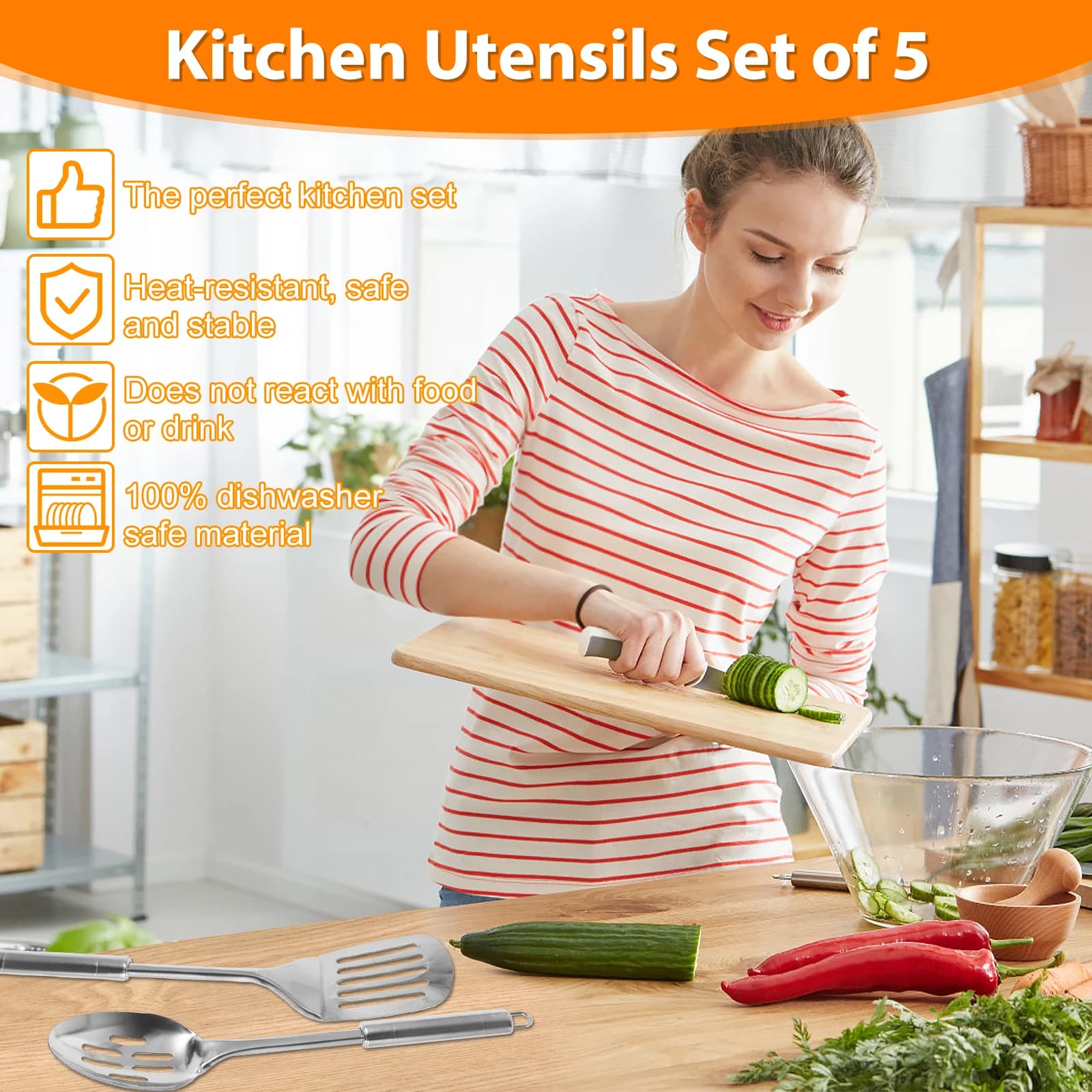 Conjunto de 5 utensílios de cozinha inox com resistência térmica, seguro e estável para uso diário