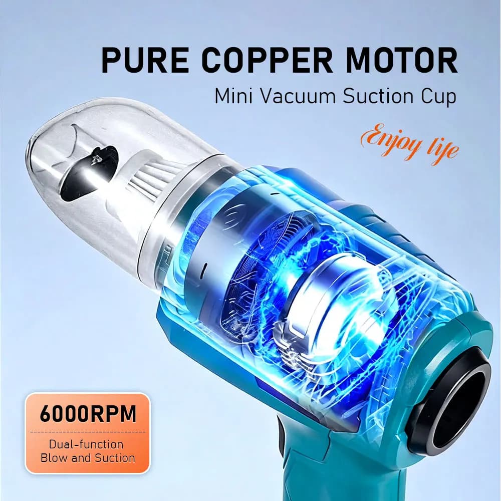 Aspirador e soprador portátil azul com motor de cobre puro e 6000RPM para sucção e sopro