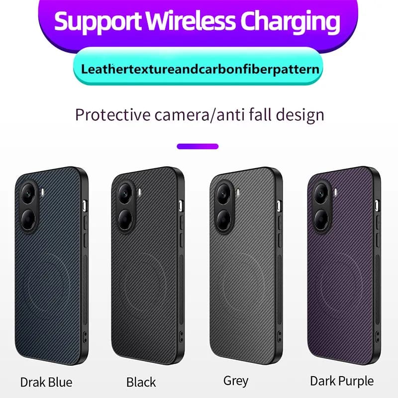 Capas para Xiaomi POCO X7 em fibra de carbono com suporte a carregamento sem fio nas cores azul, preta, cinza e roxa