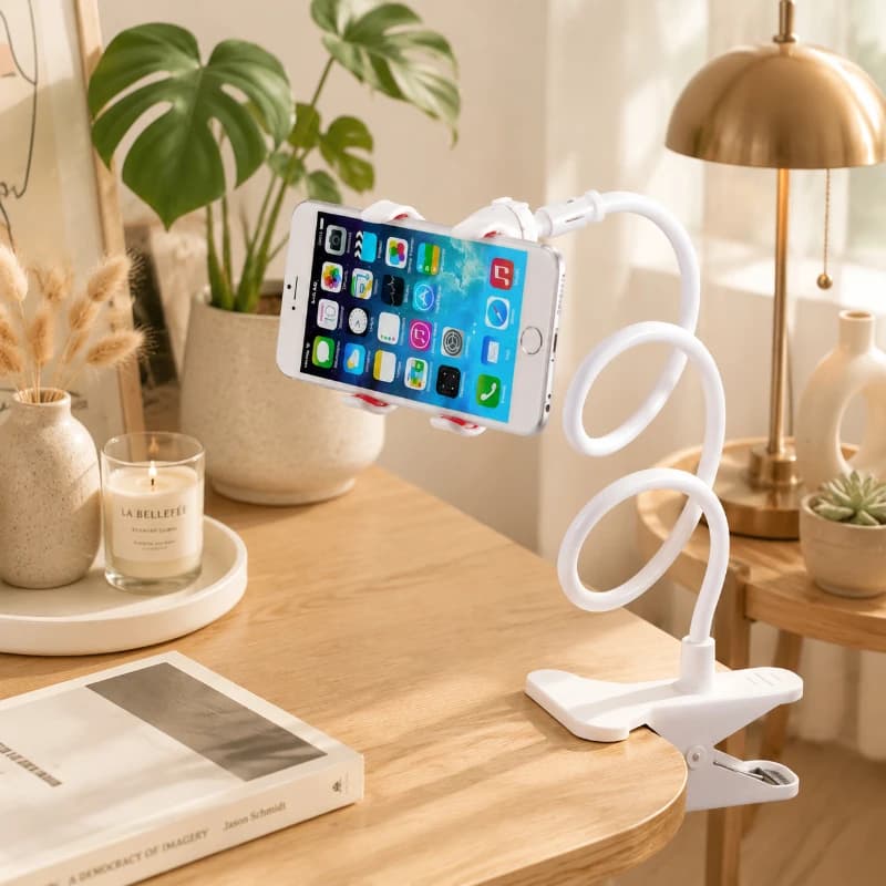 Suporte universal para celular com braço longo de 75 cm, branco, ajustável, preso à mesa.