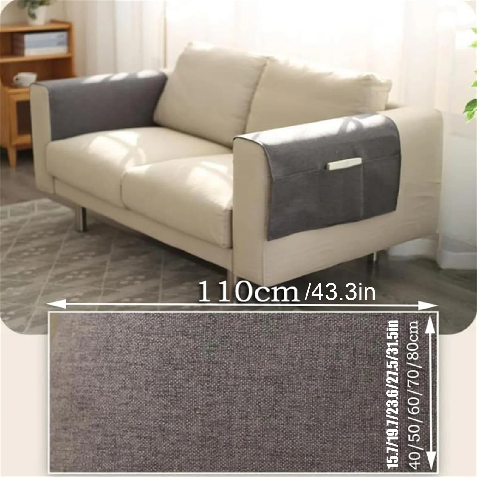 Capa de sofá organizadora cinza com bolsos laterais e medidas 110cm por 40-80cm