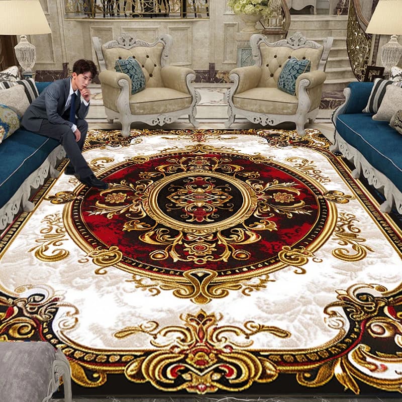 Tapete decorativo europeu vermelho e dourado para sala de estar, antiderrapante e lavável