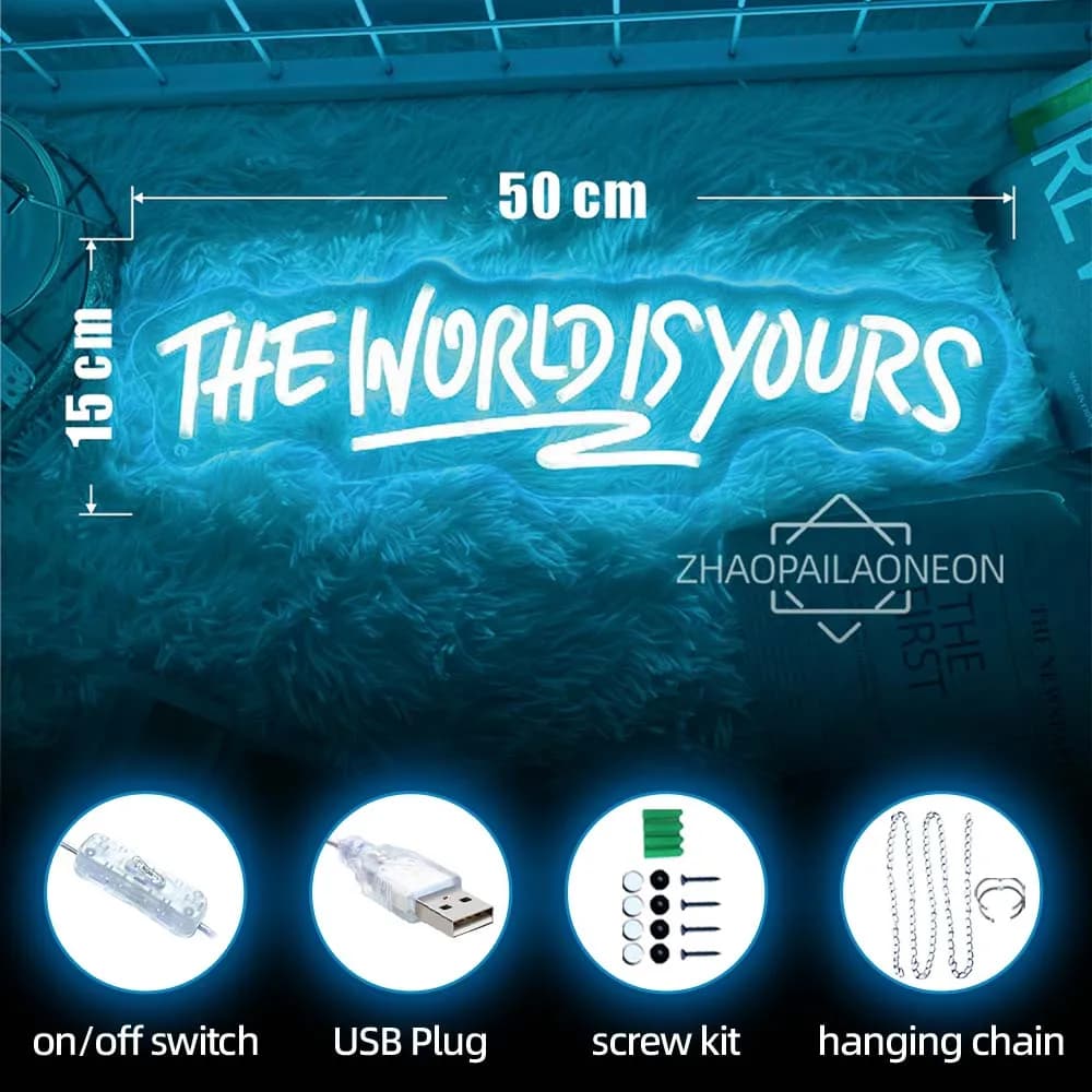 Sinal de néon azul com texto 'THE WORLD IS YOURS' para decoração de quarto ou sala.