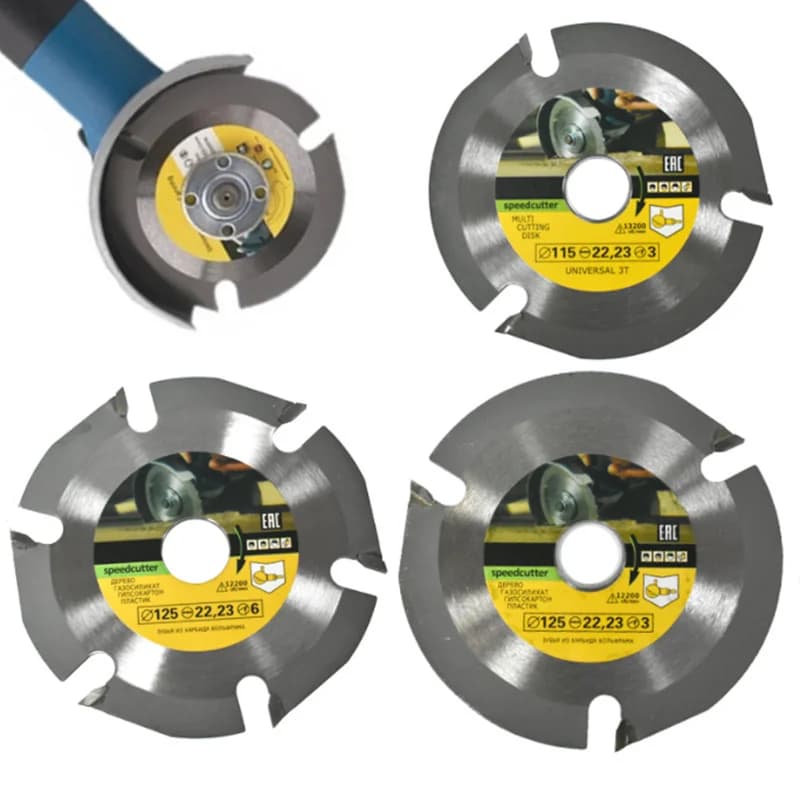 Quatro lâminas de serra de disco de liga dura para carpintaria, 115mm e 125mm, com detalhes técnicos e velocidade.