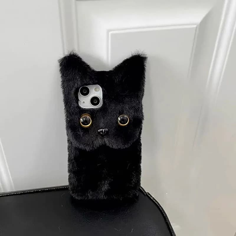 Capa de telefone em forma de gato 3D com pelo de inverno branco