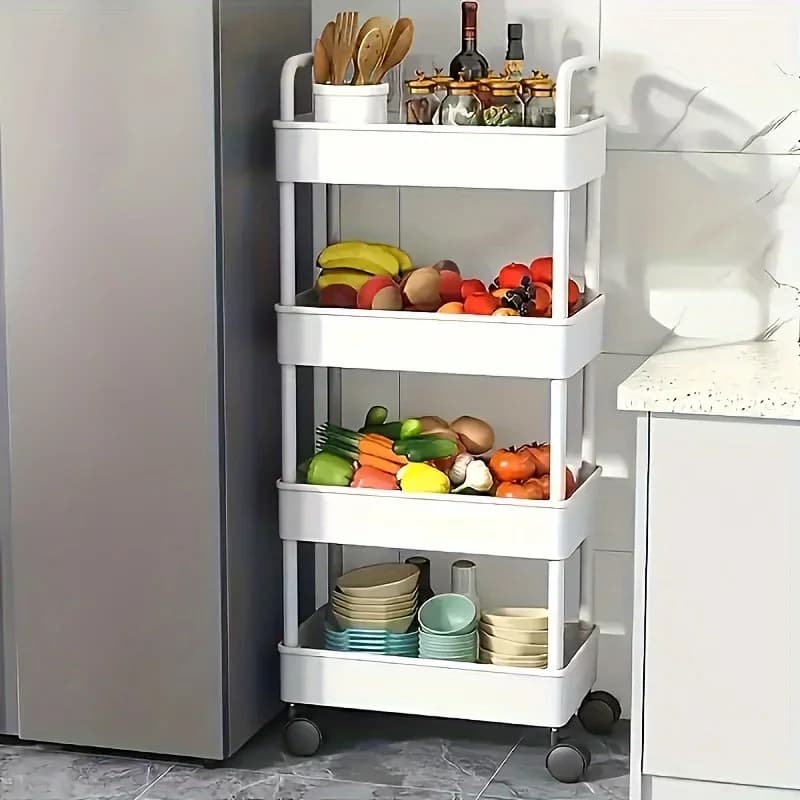 Carrinho de armazenamento multifuncional branco com prateleiras abertas, ideal para cozinha, quarto e sala de estar.