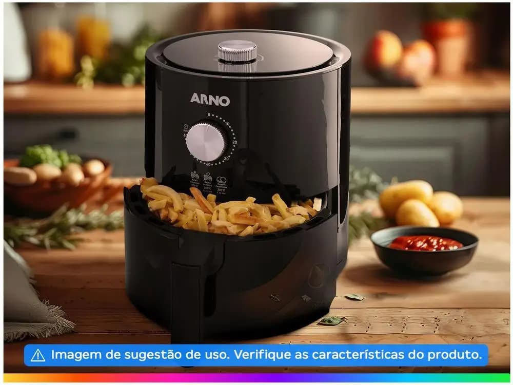Fritadeira elétrica sem óleo Arno Air Fryer compacta preta com batatas fritas na cesta