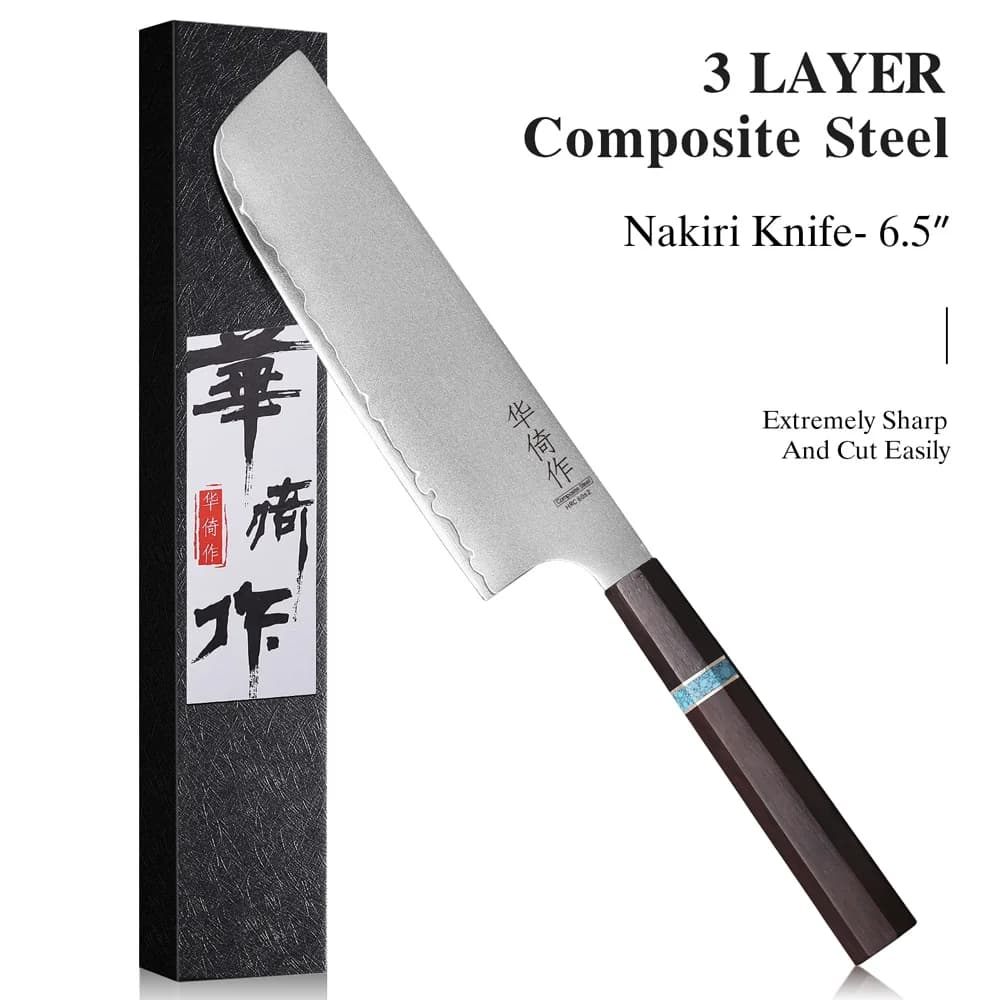 Faca de chef japonesa Nakiri de 6,5 polegadas em aço composto forjada à mão com detalhes azuis no cabo