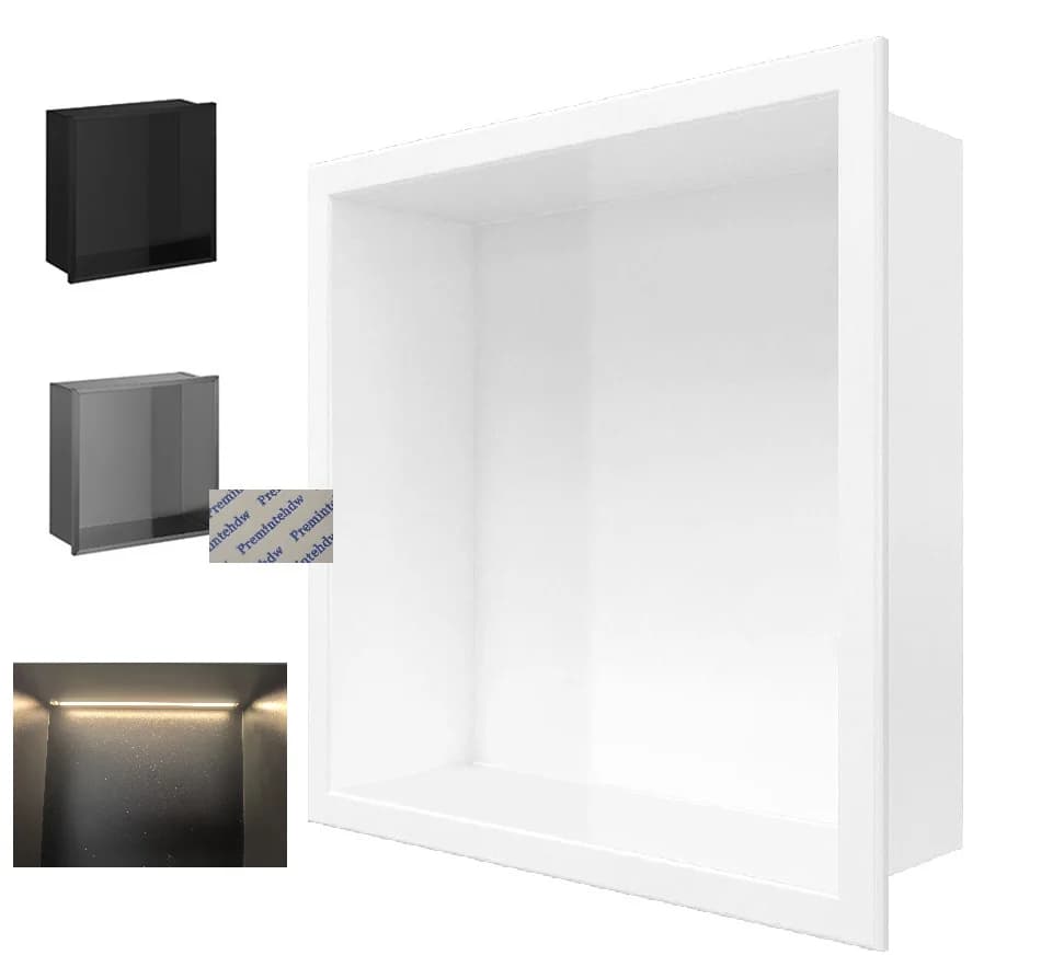 Nicho de parede quadrado embutido em aço inox com luz LED