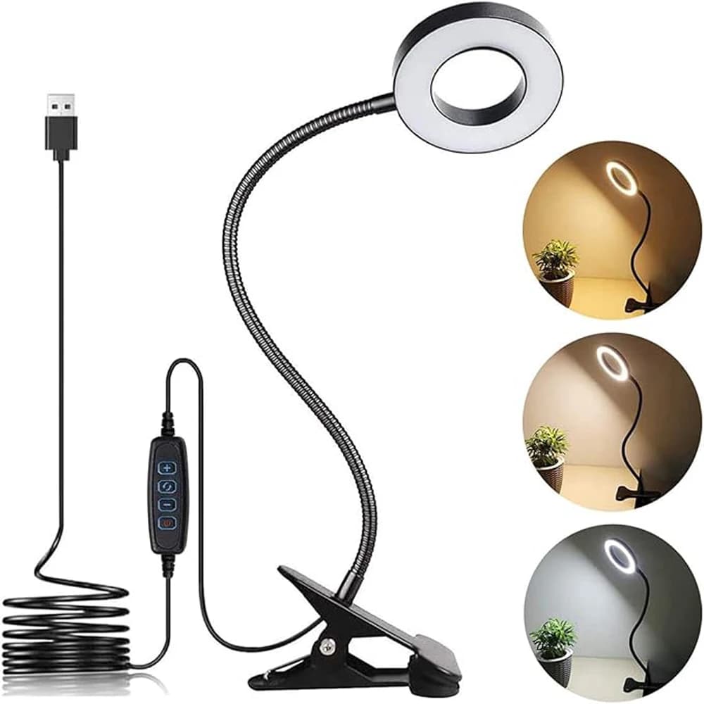 Luz de Leitura LED com Clip, Lâmpada de Estudo com 3 Modos de Cor e 10 Níveis de Brilho, Proteção para os Olhos 360 °   Luminária de Mesa Flexível com Braço Gooseneck para Estudantes